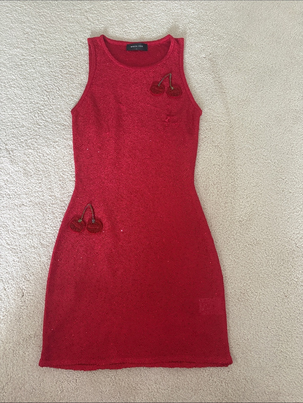 White Fox Boutique Red Sleeveless Knit Mini Dress with Cherry Appliqués